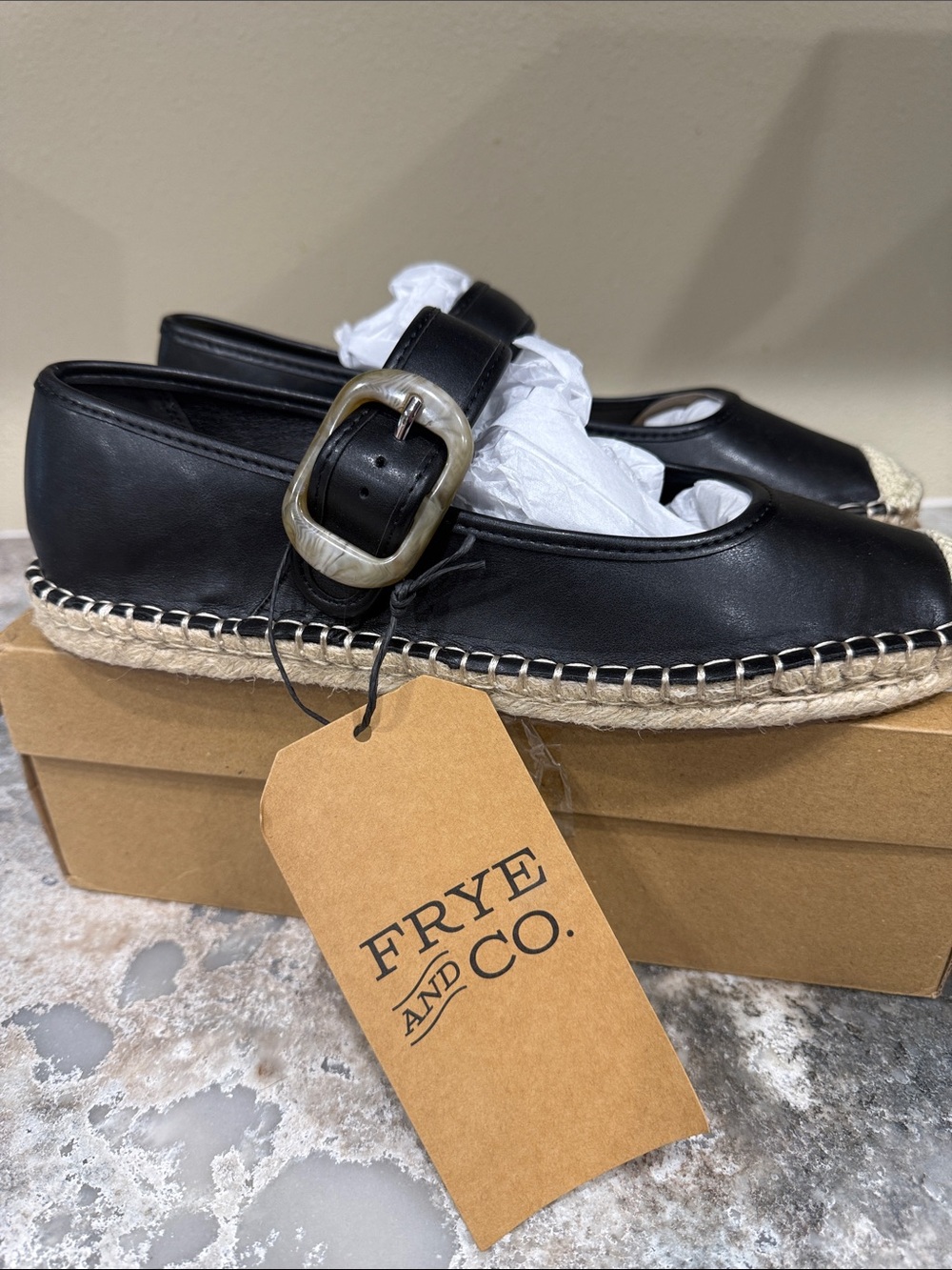 FRYE AND CO. Black Espadrille Flats with Natural Crochet Toe - Picture 2 of 3